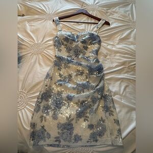 Windsor Silver and Blue Sequin Floral Midi Dress